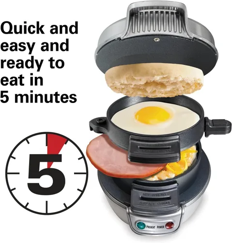 Miniatura 2 de Hamilton Beach Sandwichera de desayuno con anillo para cocinar huevos, ingredientes personalizables, perfecto para muffins ingleses, croissants