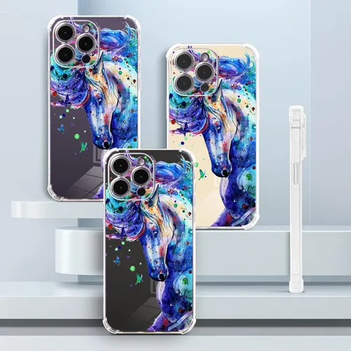 Miniatura 5 de Roemary Funda púrpura para iPhone 13 Pro Max con diseño de caballo azul, patrón de acuarela con protector de pantalla