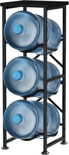 5 Gallon Water Jug Holder, 3-Tier Water Bottle Holder with Wood Top Shelf, Heavy Duty Water Cooler Jug Rack, Storage Stand for Kitchen Office and