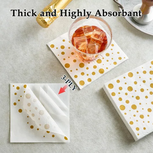 Miniatura 5 de Vplus Paquete de 100 servilletas de cóctel de papel, servilletas de bebidas de 3 capas, servilletas cuadradas doradas desechables, perfectas