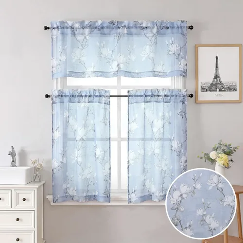 SMILE WEAVER Cortinas de cocina con volantes y valances, juego de 3 piezas, cortinas florales cortas y semitransparentes de lino para