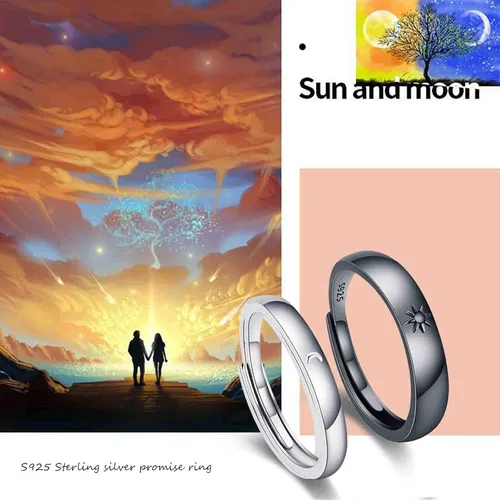 Miniatura 2 de Juego de 2 anillos de compromiso para parejas de sol y luna, 2 piezas de plata de ley 925, anillos ajustables a juego, anillos de compromiso
