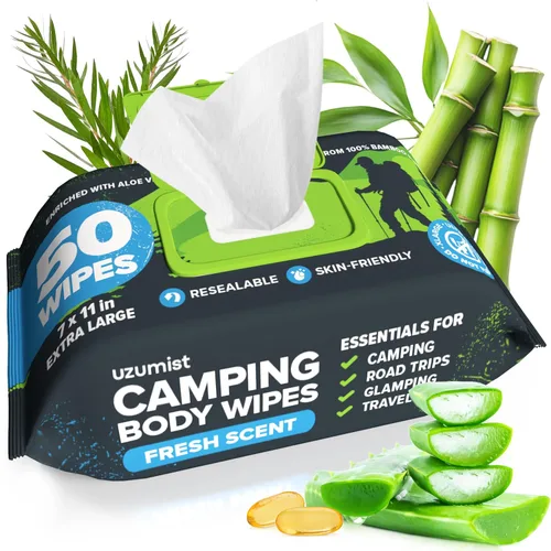 Esenciales para Acampar - Toallitas Corporales para Baño de Adultos en Campamento Sin Enjuague - 50 Toallitas XL Desodorantes para Ducha y Baño para