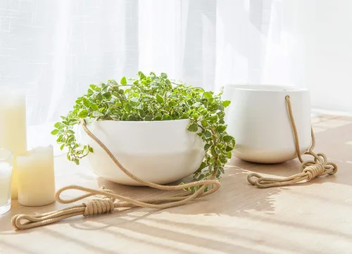 Miniatura 7 de Mkono Maceta colgante de cerámica de 8 pulgadas y 6 pulgadas de profundidad para plantas de interior y exterior, juego de 2 macetas modernas