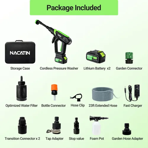 Miniatura 7 de Lavadora a presión inalámbrica de 1000 PSI, lavadora de energía con motor sin escobillas de 21 V y 4.0 Ah, con boquilla 6 en 1, presión de 5 Verde