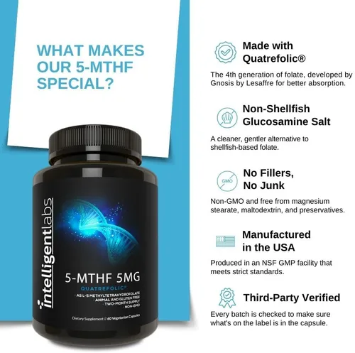 Miniatura 3 de Intelligent Labs 5MG MTHF L-5-metiltetrahidrofolato suplemento de ácido fólico activado como ácido cuatrefólico - metilfolato para mujeres
