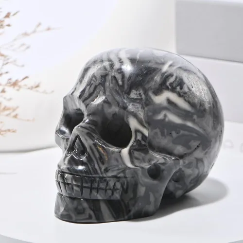 Miniatura 18 de Cabeza de calavera de cristal de obsidiana negra natural de 5 pulgadas, tallada a mano, estatua de piedra curativa de Reiki, decoración de sala