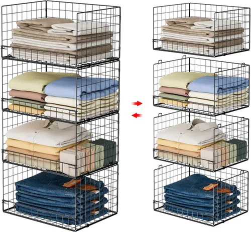 Yociyoga Organizadores de armario apilables de 4 niveles y estantes de almacenamiento, organizador de estantes de ropa, cestas plegables para Negro