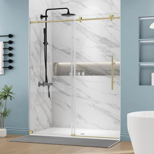Miniatura 17 de DELAVIN Puerta de regadera sin marco de 56-60 pulgadas, puerta de regadera corredera para baño, vidrio templado transparente de 5/16 pulgadas (8mm)