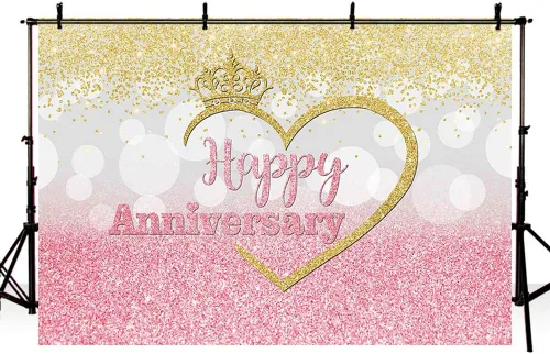 Miniatura 4 de Sendy Telón de fondo de feliz aniversario para parejas de 1 a 10 años 50 años, decoración de fiesta de boda, corona de fondo rosa, plateado y dorado
