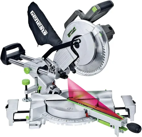 Genesis GMSDR1015LC - Sierra ingleteadora deslizante compuesta de 15 amperios y 10 pulgadas con luz láser, freno eléctrico, bloqueo de husillo,