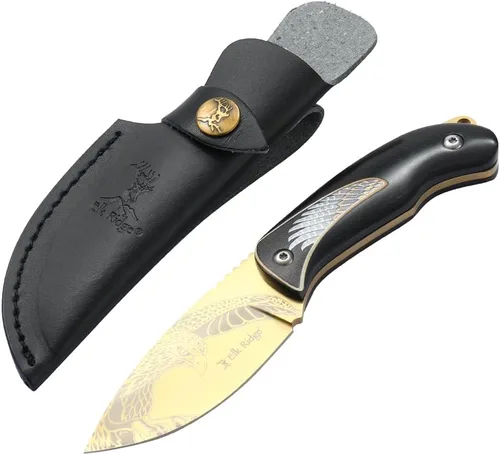 Miniatura 2 de Elk Ridge Cuchillo de caza de hoja fija, longitud total de 7 pulgadas, hoja de punto de caída de 3.3 pulgadas, mango de madera, funda de cuero