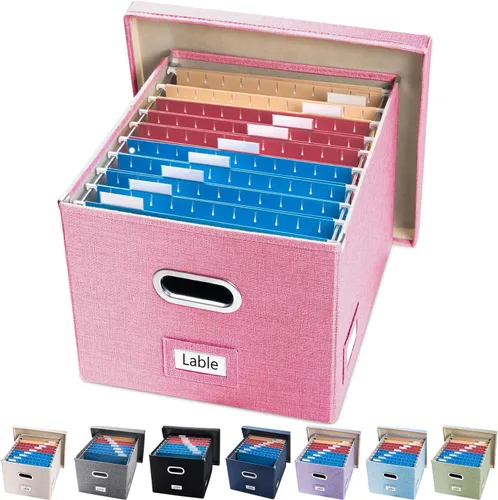 Miniatura 24 de PRANDOM Caja Organizadora de Archivos - Juego de 2 Cajas Plegables Decorativas de Lino para Almacenamiento de Archivos Colgantes con Tapas para Gris