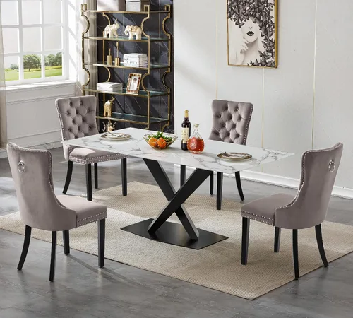 Miniatura 10 de Juego de mesa de comedor de mármol blanco para 4, 70 pulgadas, mesa de comedor de mármol blanco con 4 sillas de terciopelo beige y base de acero al