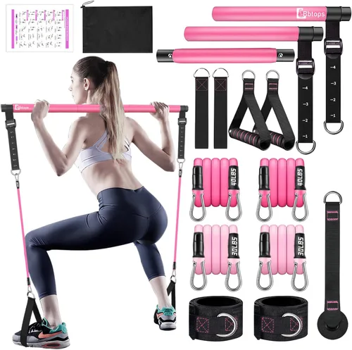 Kit de barra de pilates Bbtops con bandas de resistencia, barra de pilates con bandas apilables, equipo de entrenamiento para piernas, cadera, Rosa