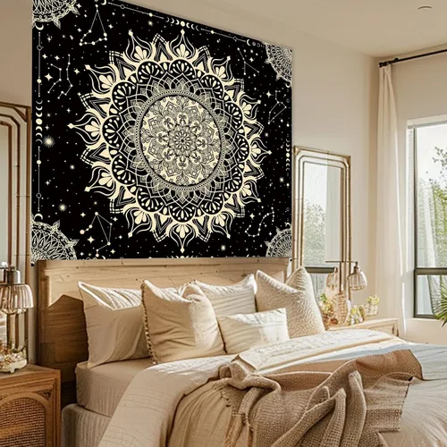 Miniatura 9 de Apdidl Tapiz bohemio de mandala negro para estética de dormitorio, decoración hippie, astrología espacial, arte de pared, tapices de techo, manta