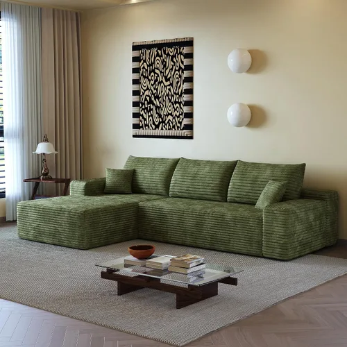Miniatura 31 de Sofá seccional sin costuras de 108" en forma de L para sala de estar, cómodo sofá de corduroy con chaise, amplios reposabrazos, asiento profundo