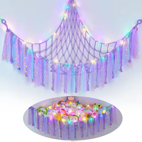 Miniatura 19 de FIOBEE Red de Animales de Peluche o Hamaca con Luz LED, Hamaca de Juguetes Colgante Organizador de Almacenamiento Soporte para Animales de Peluche