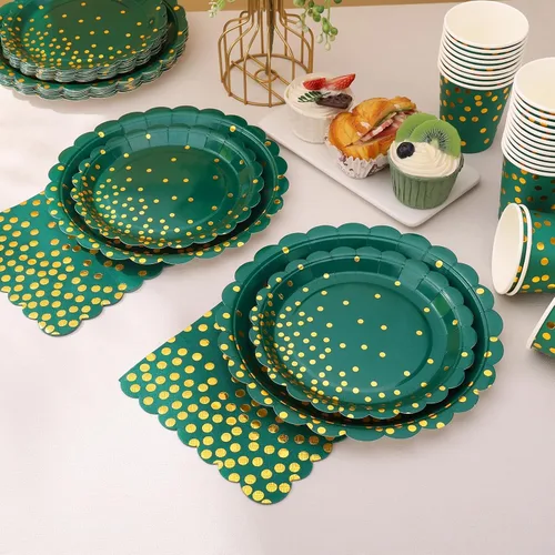 Miniatura 4 de 175 piezas de decoración de fiesta verde y dorada - Suministros de fiesta con platos y servilletas verdes - Platos de papel festoneados