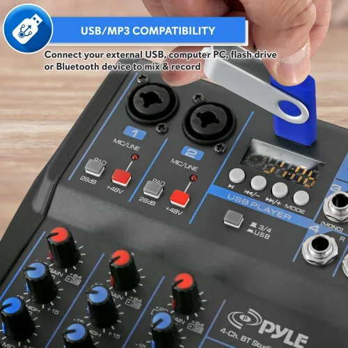 Miniatura 4 de Pyle Mezclador de Audio Profesional Placa de Sonido Consola del Sistema - 4 Canales - Bluetooth - Entrada USB MP3 para Computadora - 48V Phantom