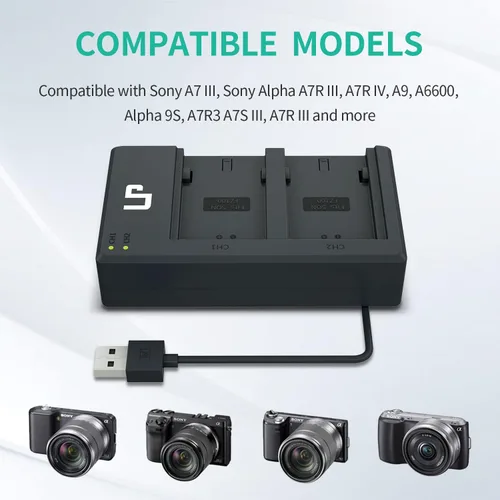 Miniatura 2 de Cargador de batería NP-FZ100, cargador dual LP para cámaras NP FZ100 con cable USB integrado, compatible con cámaras Sony A9 A9R A9S A9II A7III