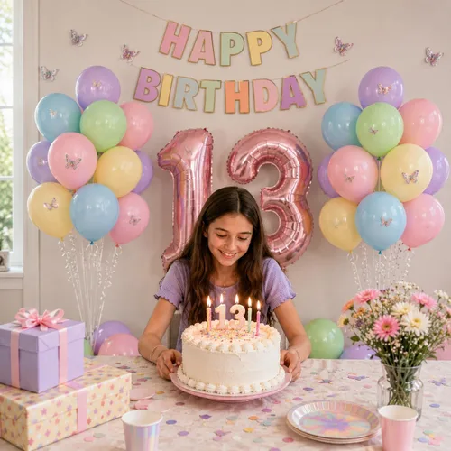 Miniatura 2 de 13th Birthday Decorations For Girls -12 Inch Pastel Balloons, 32 Inch Pink 13 Balloon, 3D Butterflies Stickers, Happy Birthday Banner For Teen Girl