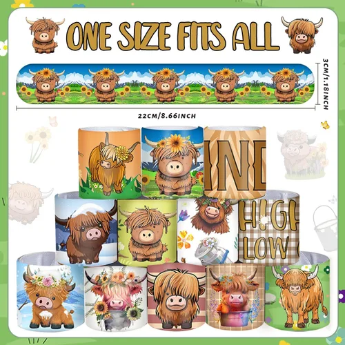 Miniatura 2 de 48 pulseras de vaca de las tierras altas, recuerdos de fiesta de animales de dibujos animados para niños y niñas, suministros de fiesta de baby