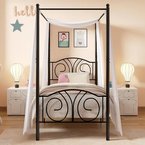 VECELO Base de cama con dosel de metal, tamaño individual, base de colchón con plataforma de 4 pósteres con cabecero, soporte de listones de acero