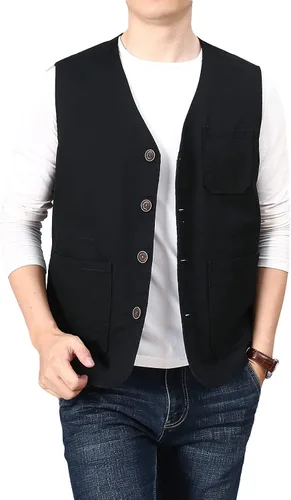 Miniatura 6 de PRIJOUHE Chaleco casual de algodón para hombre, ligero y transpirable, con múltiples bolsillos, para pesca, safari, viajes, al aire libre