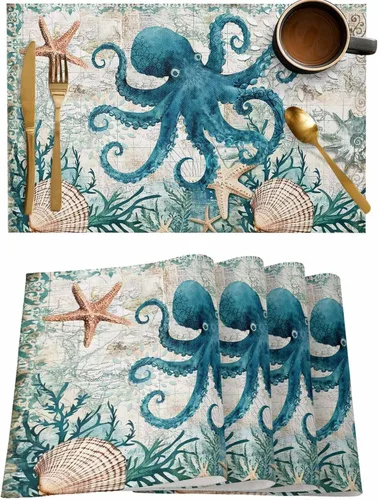 Miniatura 12 de Camino de mesa de verano pequeño de 13 x 36 pulgadas, acuarela azul, lino y algodón, pulpo de animales marinos, manteles retro con temática náutica