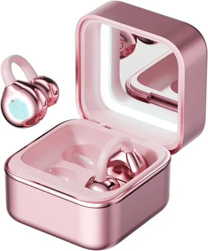 Miniatura 8 de Auriculares con clip de oreja abierta, auriculares inalámbricos Bluetooth 6.0 con espejo de maquillaje, luz LED, tiempo de reproducción de 50 horas