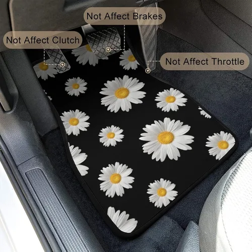 Miniatura 3 de Juego de 4 alfombrillas para piso de automóvil, diseño de flores con estampado de margaritas negras, alfombrillas delanteras y traseras