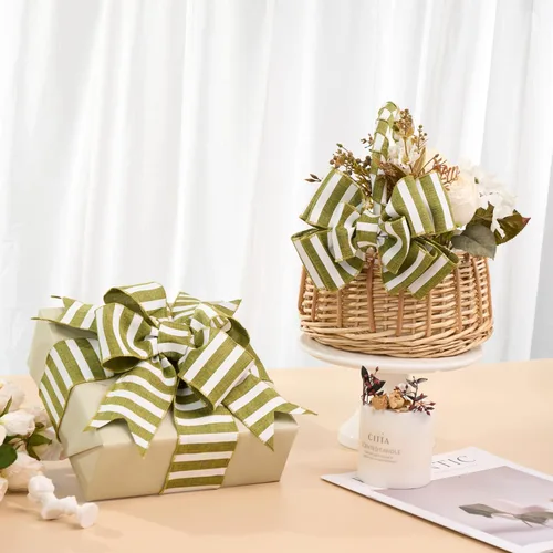 Miniatura 6 de Cinta Verde Musgo con Alambre de 2.5" Rayas Horizontales Verde Blanco Arpillera Cinta de Árbol de Navidad Cinta Verde Rústica con Alambre de Navidad