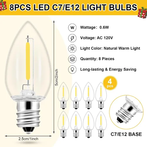 Miniatura 9 de Paquete de 2 cables de accesorios con 8 bombillas LED y toma de corriente, luz de pueblo navideño de 18 pies, cable de luz de molde inflado