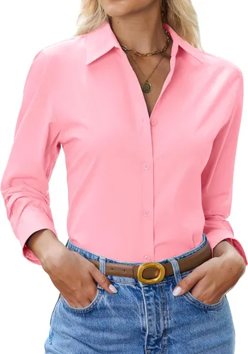 Miniatura 14 de siliteelon Camisa con botones para mujer: camisa de vestir con cuello de manga larga de algodón con botones, blusa de trabajo y oficina