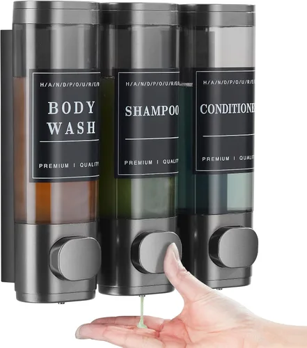 Miniatura 15 de Dispensador de champú y acondicionador, dispensador de jabón de ducha, 3 cámaras, sin taladro, dispensador de champú montado en la pared para ducha