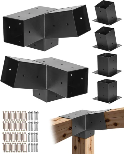 Miniatura 21 de Kit de pérgola VEVOR, soporte inclinado de 4 vías de 4x4 pulgadas para vigas de madera de 3.5x3.5 pulgadas en tamaño real, soporte de pérgola