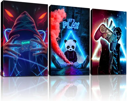 Miniatura 9 de Framed 3 Piece Game Room Decorative Wall Art Color Video Game Handle Earphone Graffiti Theme Poster Neon Light Poster Print Picture Children Youth