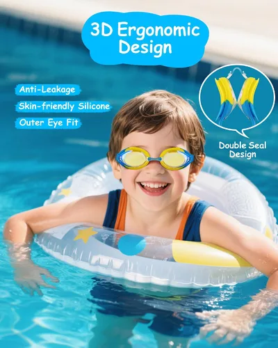 Miniatura 6 de Gafas de natación para niños, antivaho y protección UV con gorro de natación para niños de 3 a 15 años Azul y Amarillo