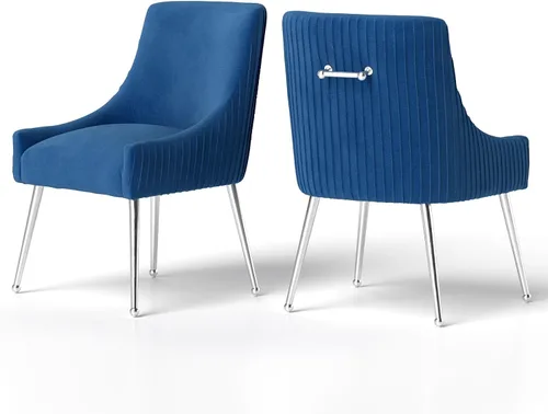 Miniatura 10 de Sillas de comedor de estilo moderno de terciopelo tapizado, silla de acento de tocador con barra vertical, silla capitonada con patas plateadas