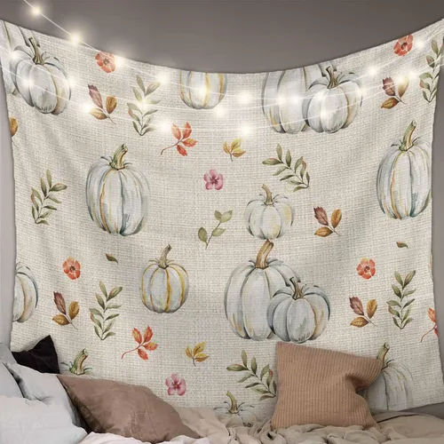 Miniatura 2 de T&H XHome Tapiz para colgar en la pared, tapices estéticos para dormitorio, Acción de Gracias, calabaza dibujada a mano con hojas, tapiz de pared