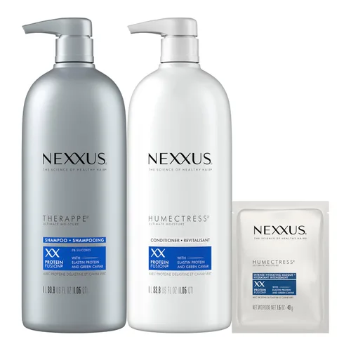 Nexxus Champú y acondicionador y 3 máscaras de tratamiento capilar Therappe Humectress paquete de 5 para cabello seco sin silicona, complejo de