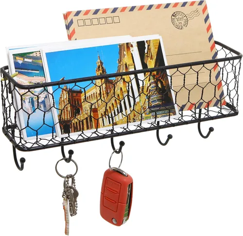 Miniatura 3 de MyGift Soporte de metal montado en la pared y organizador de llaves con 5 ganchos, cesta de almacenamiento decorativa y ganchos para colgar llaves