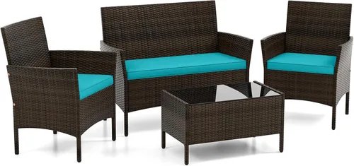 Miniatura 14 de DORTALA Juego de muebles de mimbre para patio, 4 piezas, mesa y sillas de ratán de polietileno para exteriores con mesa de centro de vidrio Naranja