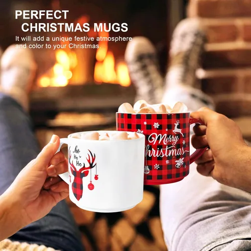 Miniatura 2 de QIKSION Juego de 6 Tazas de Café Navideñas de 16 oz, Grandes Tazas de Chocolate Caliente, Juego de Tazas de Cerámica de Cocoa para Vacaciones Regalo