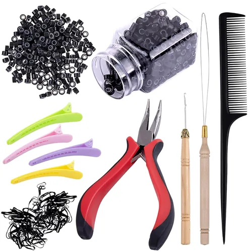 Duufin Kit de extensiones de cabello, 500 piezas de cuentas de micro anillo negro, 1 alicates de extensión de cabello, 2 ganchos, aguja de tracción,
