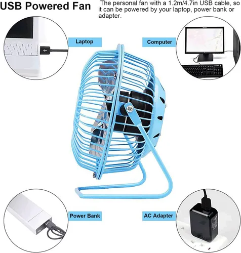 Miniatura 3 de Sokelinn-six Ventilador de escritorio USB pequeño de 4 pulgadas, mini ventilador de refrigeración personal silencioso de metal para el hogar, Azul