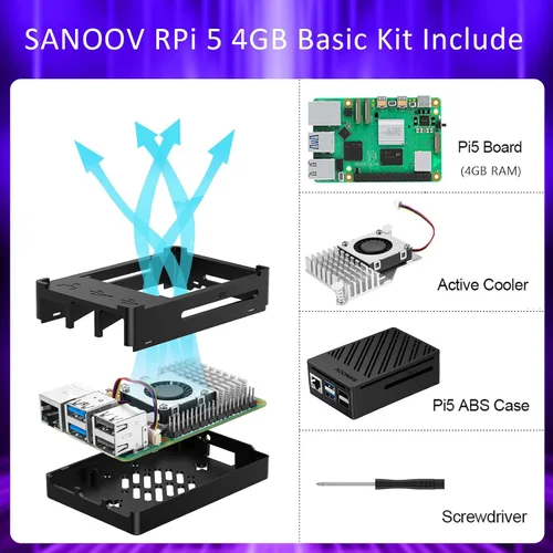 Miniatura 2 de Kit Básico SANOOV para Raspberry Pi 5 4GB RAM con Enfriador Activo, Placa Única Rpi 5 4GB y Estuche ABS Incluido