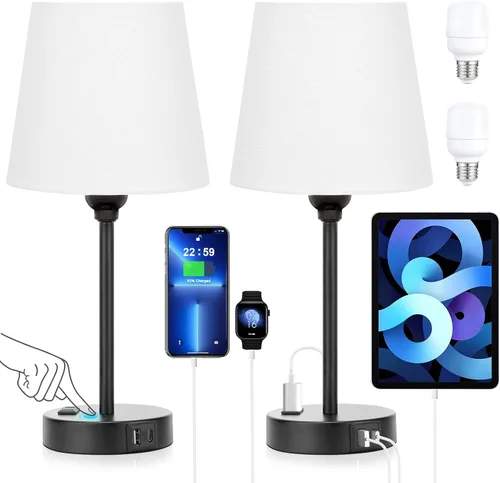 Miniatura 13 de Juego de 2 lámparas de noche blancas para dormitorio, pantalla plisada blanca con puertos de carga USB, lámparas táctiles para mesita de noche