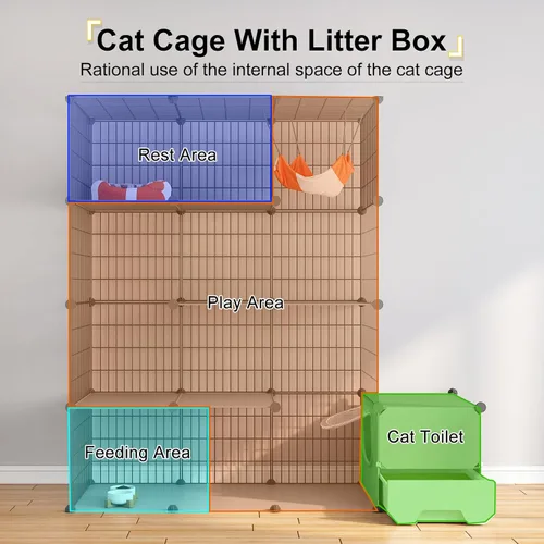Miniatura 3 de Oneluck Jaula para gatos con caja de arena, recintos de bricolaje de 4 niveles, corralito de juego grande, jaula de alambre de metal desmontable
